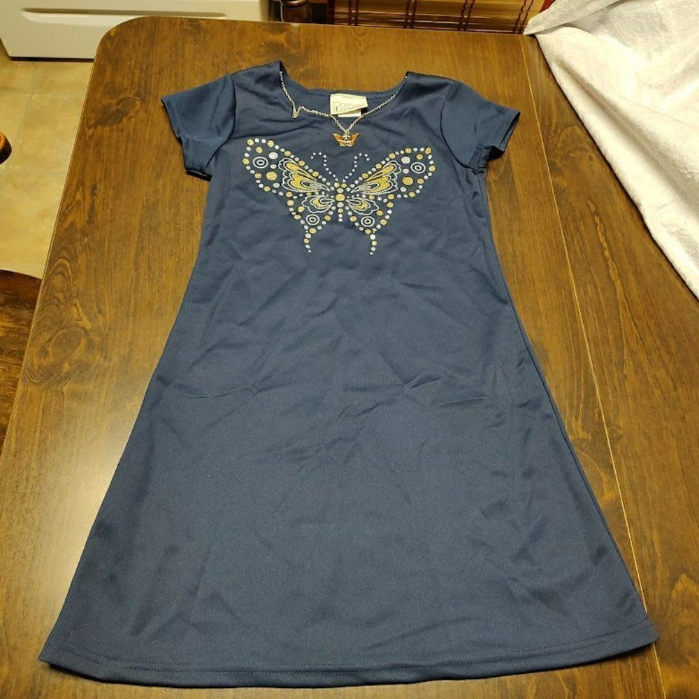 New Basic Editions  Navy Blue Butterfly Dress  Matching Necklace Girl's 10/12